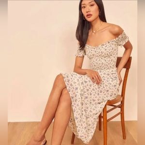 $278 Reformation Murphy Dress blue white floral midi Graciella smocked ditsy